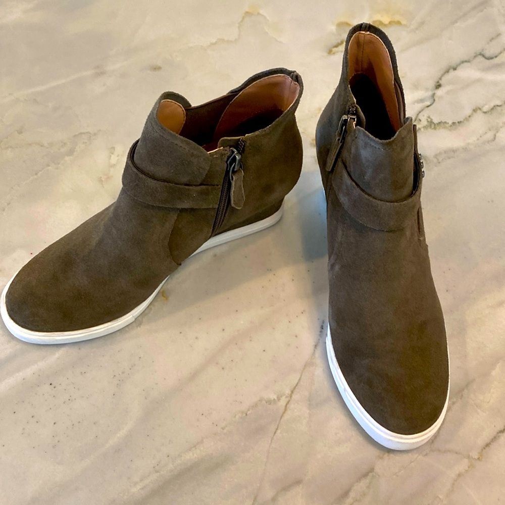 Paolo side zip suede wedge bootie, rarely worn